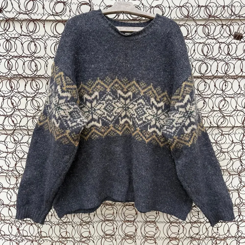 Vintage Y2K Northern Apparel XXL Lambswool Gray Brown Fair Isle Knit Sweater